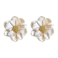 Champagne Cream Camellia Flower Gold Center Stud Earrings view 5