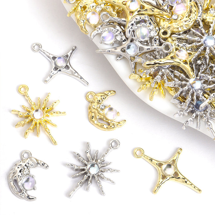 Crystal-Accented Gold Silver Moon Alloy Charms in 6 Styles