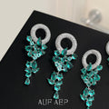 Silver Tone Emerald Green Leaf Vine Long Drop Stud Earrings view 1