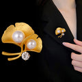 Gold Tone Ginkgo Leaf Crystal Pearl Look Metal Brooch Pin view 4