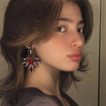 Dark Crystal Floral Statement Earrings in Red and Black view 2