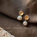 Matte Gold Tone Irregular Square And Baroque Pearl Drop Earrings view 3