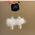 White Fluffy Pom Pom Hoop Earrings With Pearl Drops view 6