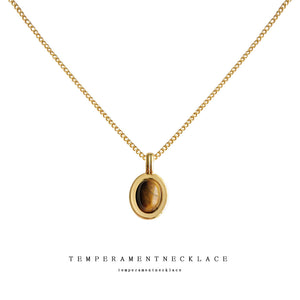Gold Tone Brown Oval Stone Double Frame Pendant Chain Necklace
