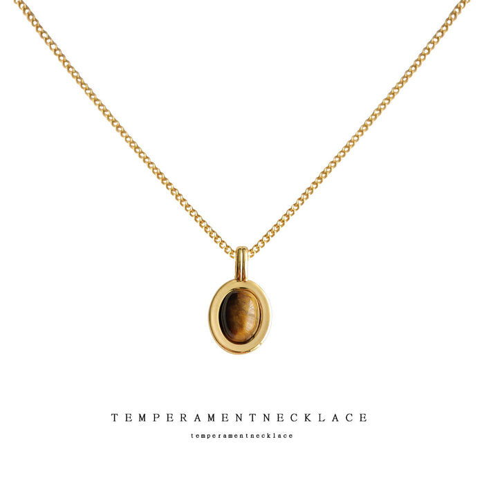 Gold Tone Brown Oval Stone Double Frame Pendant Chain Necklace
