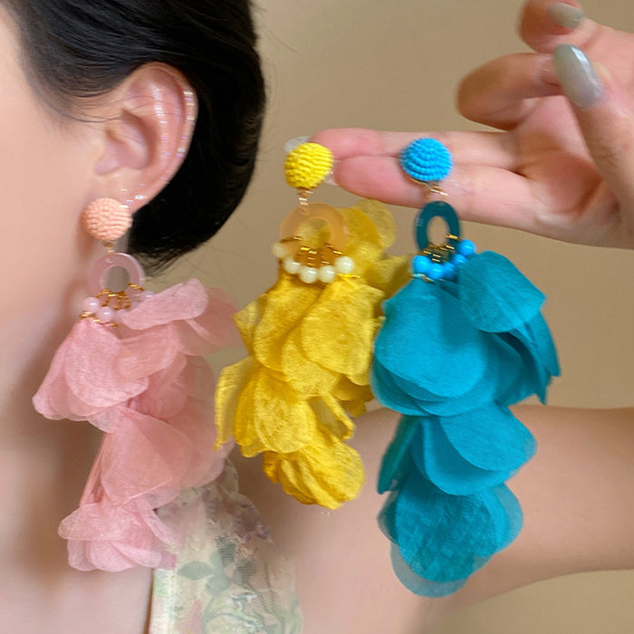 Layered Fabric Petal Earrings in Three Colors with Polished Metal Details