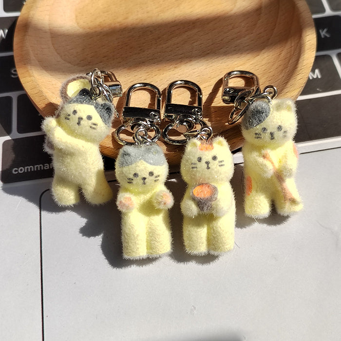 Flocked Yellow Cat Keychains Lobster Clasp 4 Camp Styles