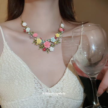 Rose Flower Rhinestone Earrings And Necklace Color Styles