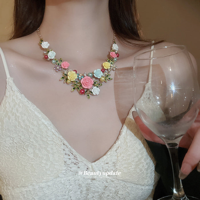 Rose Flower Rhinestone Earrings And Necklace Color Styles