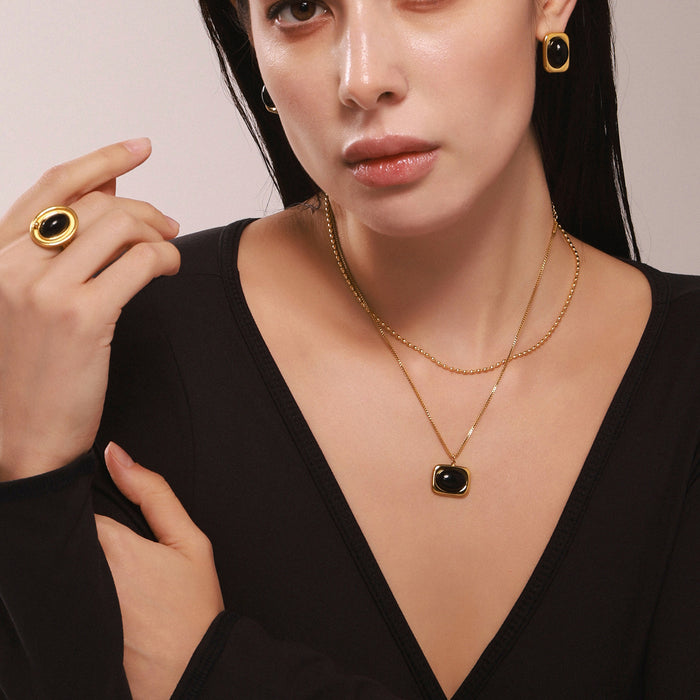 Gold Steel Black Agate Pendant Necklace Seed Bead Chain Stud Earrings