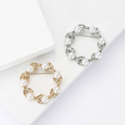 Gold and silver pearl leaf circle wreath brooches