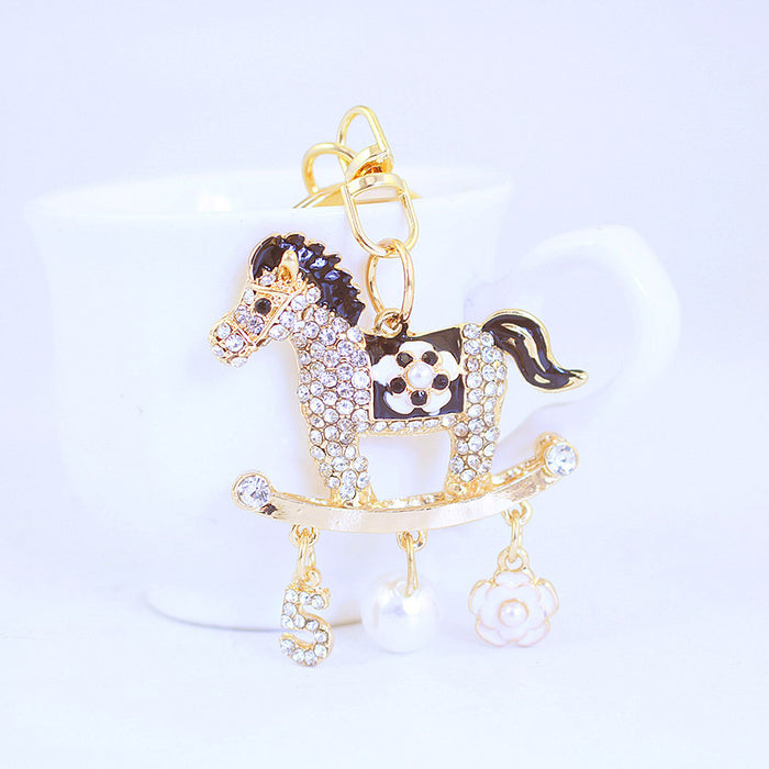 Rhinestone Rotating Carousel Horse Keychain for Car Keys and Bag Charm