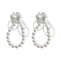 Silver Tone Flower And White Pearl Double Loop Stud Earrings view 5