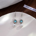 Silver Tone Teal Crystal Halo Pearl Drop Hook Earrings view 1