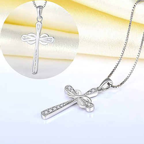 Front and reverse of cross infinity pendant with chain detail inset