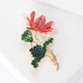 Rhinestone Lotus Brooch Red Petals Green Seed Pod Pin view 3