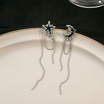 Silver Star Moon and Long Chain Asymmetrical Ear Clips