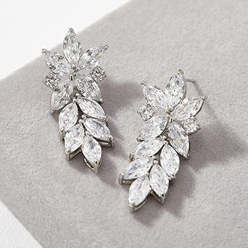 Clear Leaf Cluster Long Drop Earrings in Silver Tone shown in alternate angle