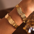 Wave Textured Open Cuff Bracelet Stainless Steel Gold Steel Tone view 3