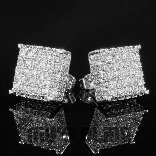 Close view of square pavé crystal stud earrings in two colors polished metal jewelry