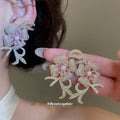 Pink Flower and Crystal Bow Stud Earrings in Two Tones view 2