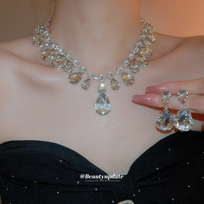 Rhinestone Teardrop Necklace Earring Sets Silver Tone