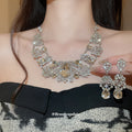 Silver Crystal Teardrop Oval Necklace Drop Earrings Set view 2