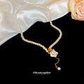 White Pearl Enamel Camellia Pendant Gold Dangle Necklace view 4