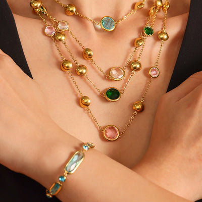 Model layered gold ball station Czech glass necklaces multiple colors