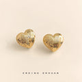 Gold Heart Stud Earrings Dual Texture Hammered Ribbed Metal view 3