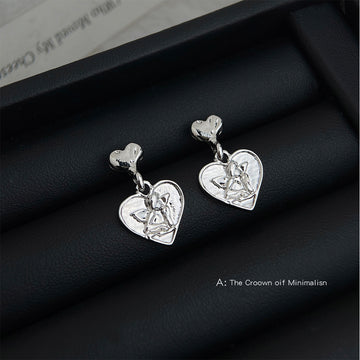 Silver Heart Angel Relief Drop Stud Earrings Matching Pair