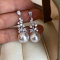 Pearl Drop Earrings with Crystal Leaf Clusters in Two Tones view 7