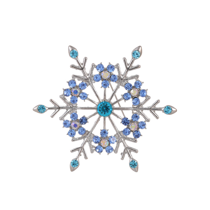 Blue Silver Tone Snowflake Crystal Metal Brooch Pin