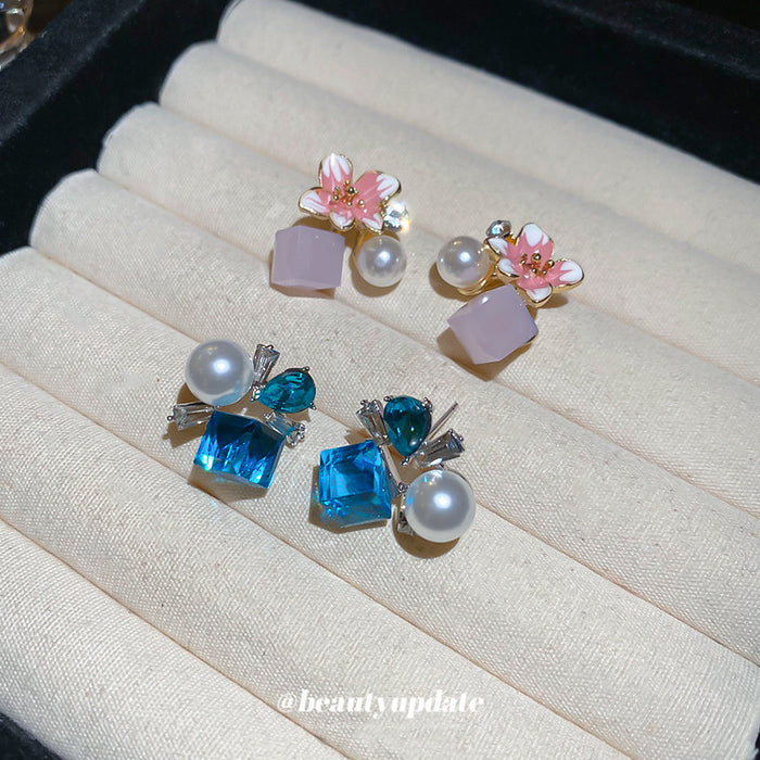 Blue Square Crystal Pearl Cluster Stud Earrings Fashion Jewelry