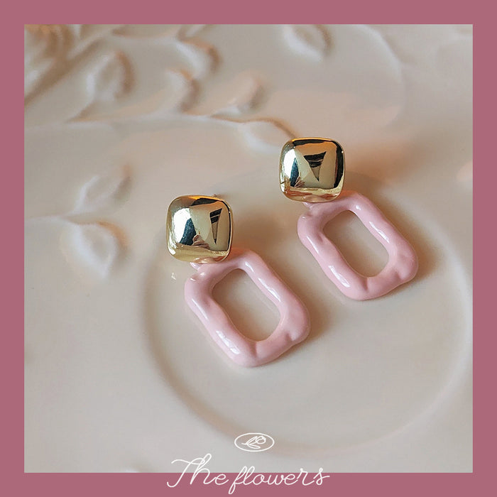 Gold Square Stud Pink Enamel Open Geometric Drop Earrings