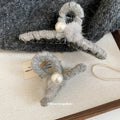 Gray Sparkle Yarn Claw Hair Clip Pearl Fur Pom Accent view 2