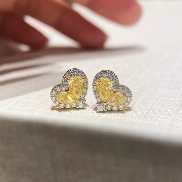 Gold Tone Yellow Heart Stud Earrings with Crystal Borders