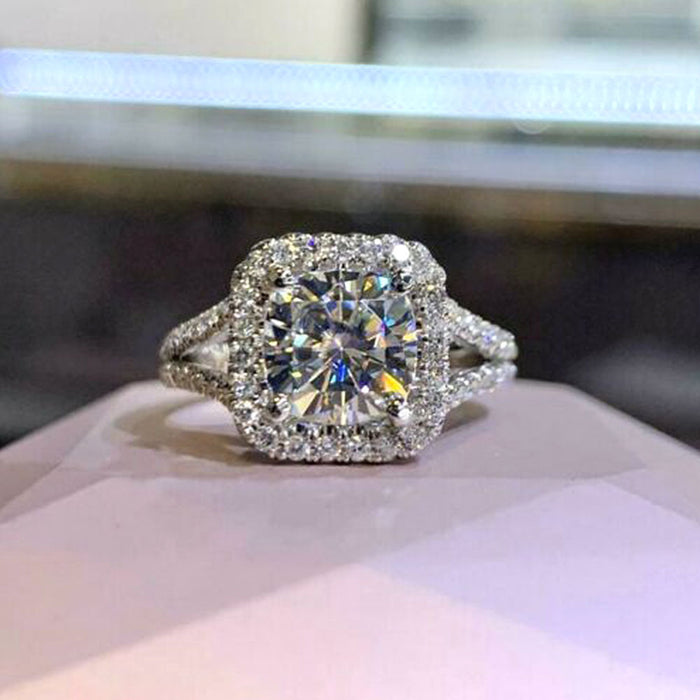 Silver Tone Cushion Crystal Double Halo Split Band Ring