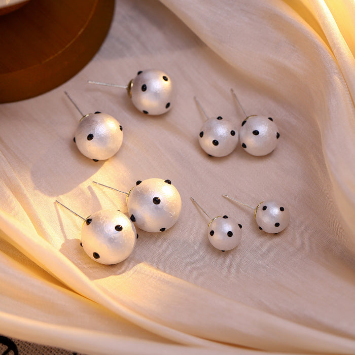 Four Size White Pearl Look Black Polka Dot Stud Earrings