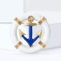 White Enamel Life Buoy Anchor Brooch Blue Gold Tone view 3