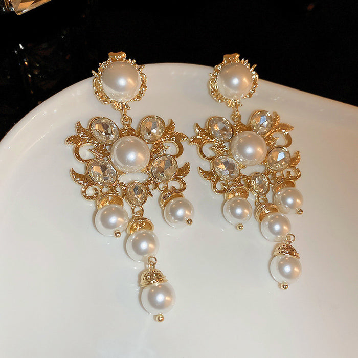 Gold Tone Crystal Floral Pearl Chandelier Earrings