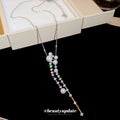 Silver Tone Pearl and Crystal Tassel Y Necklace With Decorative Details view 2