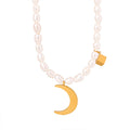 White Pearl Necklace Gold Crescent Moon Cube Charm Pendant view 5