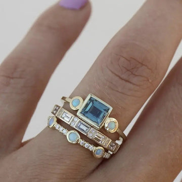 Gold Three Piece Square Gem Ring Sets Red Blue Green