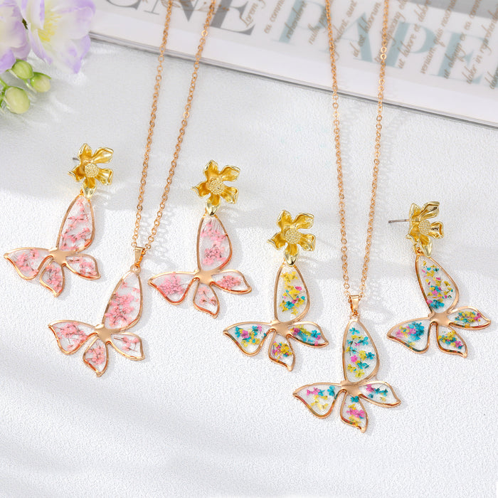 Gold Tone Pressed Flower Butterfly Earrings Necklaces and Sets