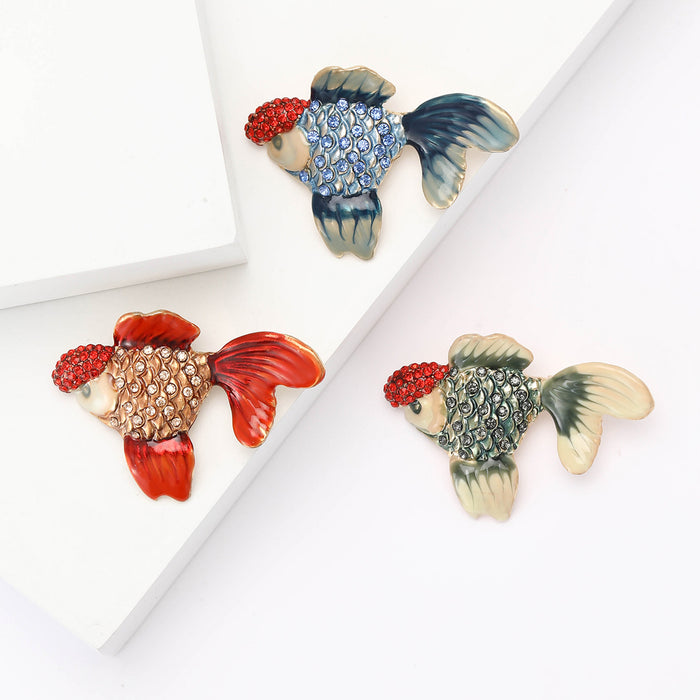 Crystal Covered Goldfish Brooch in Blue Red or Green