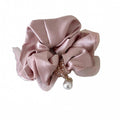 Black Satin Sheer Ruffle Scrunchie With Beads And Pearl Like Drop view 5