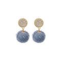 Pave Crystal Disc Stud Earrings Soft Fur Pom Pom Drops view 5