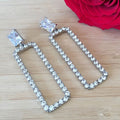 Rectangular Pavé Frame Long Drop Earrings in Silver Tone view 3