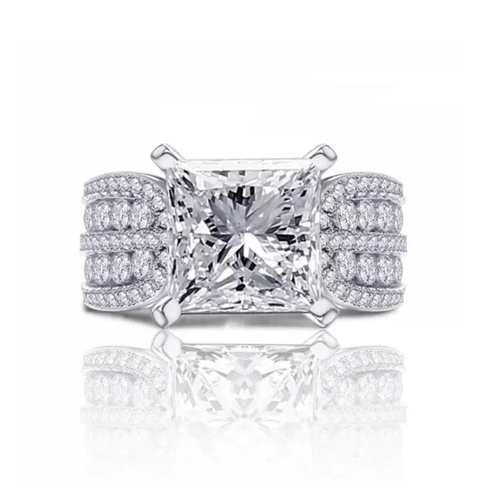 Princess Cut Square Center Ring Silver Pave Shoulders